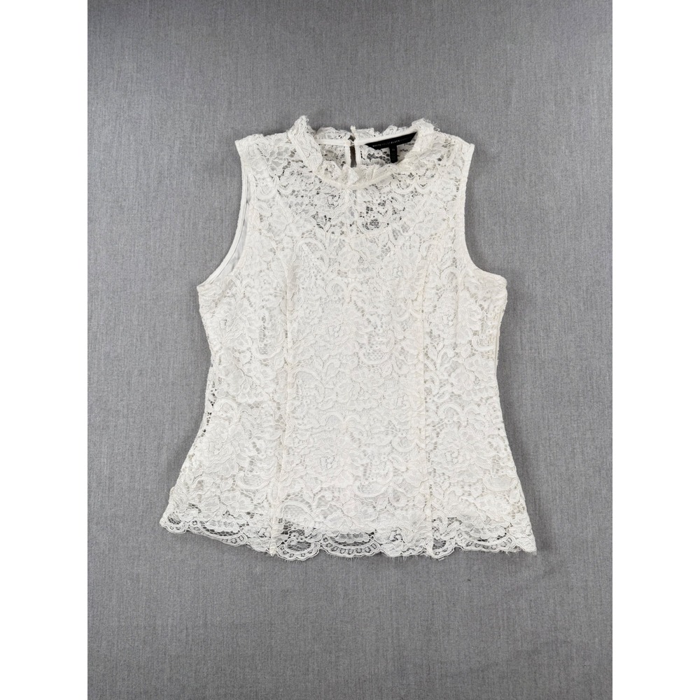White House Black Market Lace Sleeveless Top Ecru Floral Mock Neck Size 14